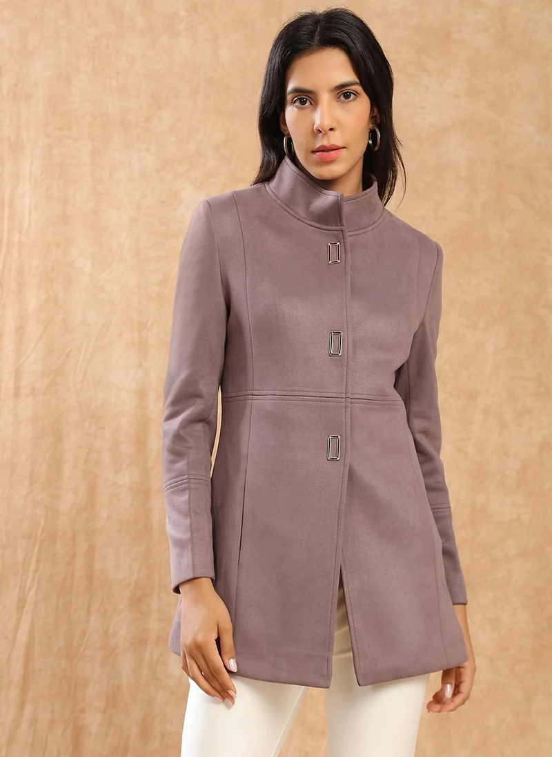جلو باص Globus Women Mauve Mock Collar Long Sleeves Solid 2 Pockets Soft Functional Hip Length Winterwear Overcoat